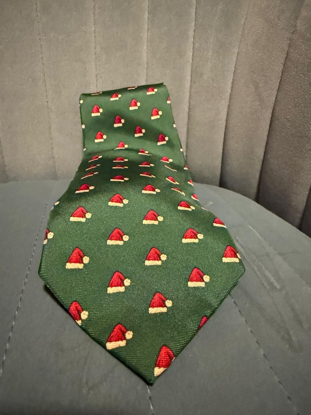 Lands' End Green Tie with Red and Cream Santa Hat Motif